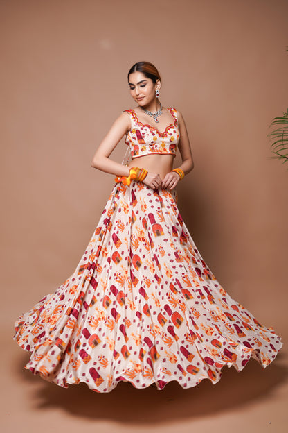 CREAM  DIGITAL PRINT LEHENGA SET (SET OF 3)