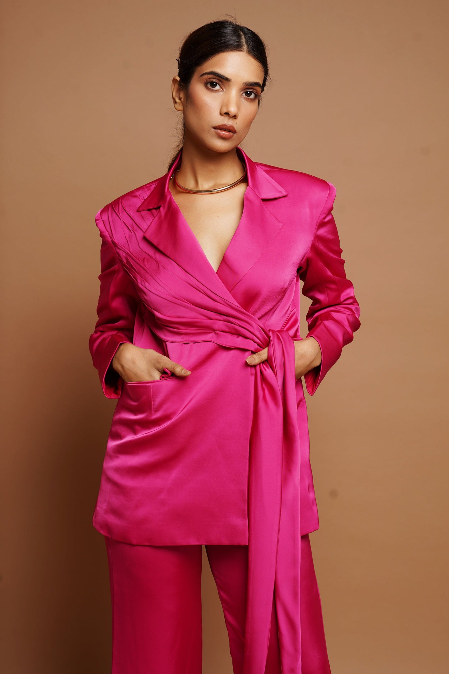 Hot Pink Satin Coat Set (Set of 2)
