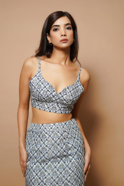 Grey block printed fitted skirt co-ord