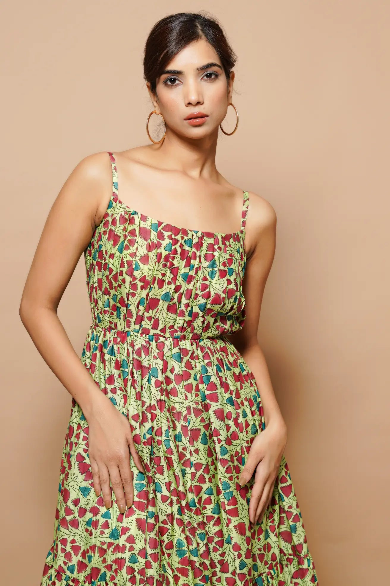 Green Block Printed Chanderi Maxi