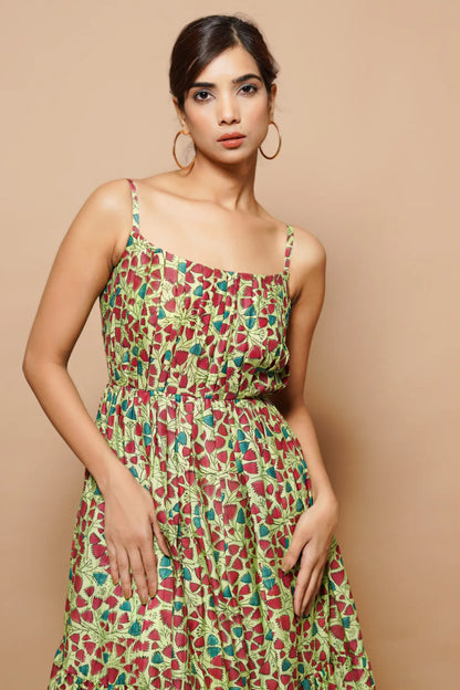 Green Block Printed Chanderi Maxi