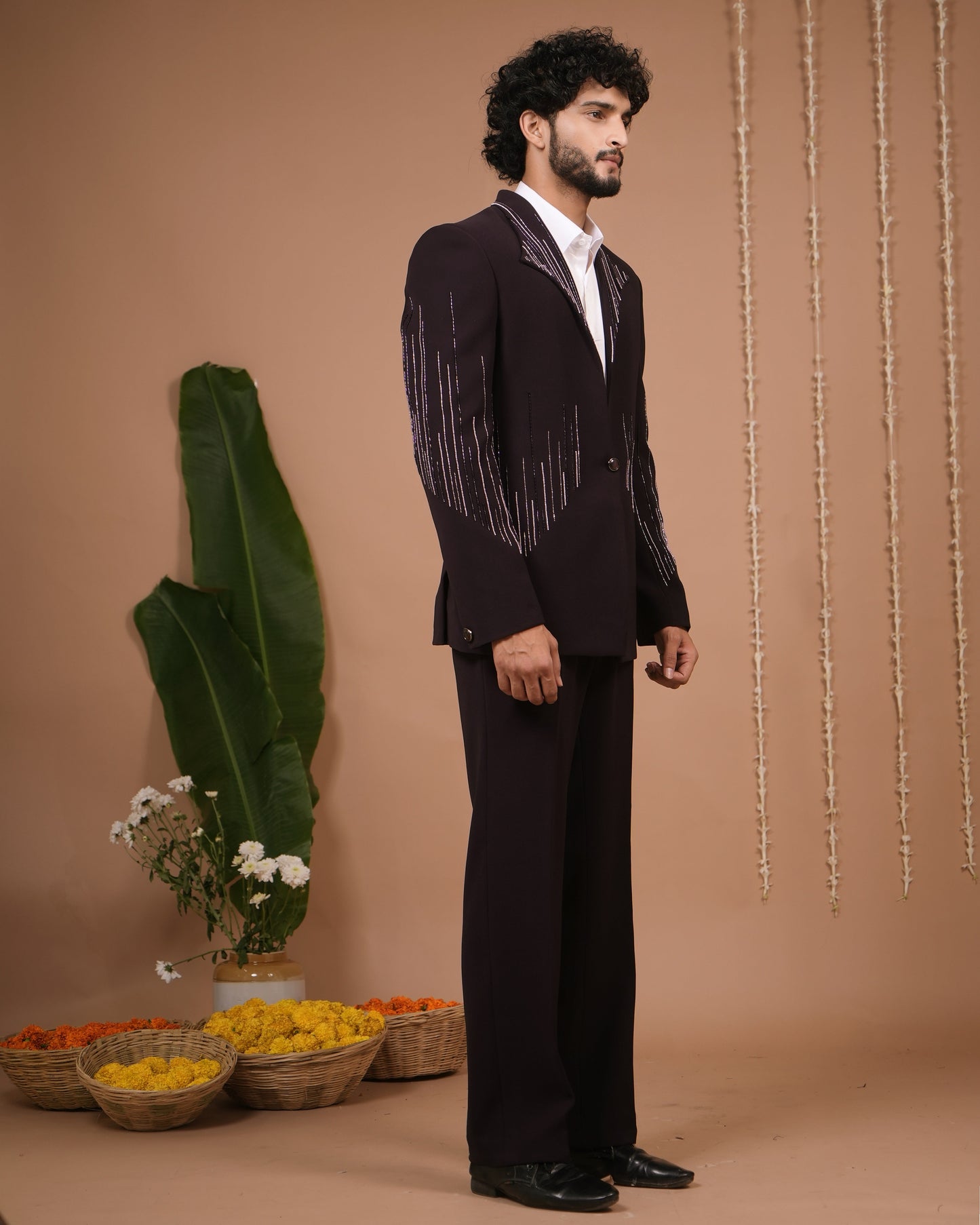 Dark Purple Coat And Pant Set (Set of 3)