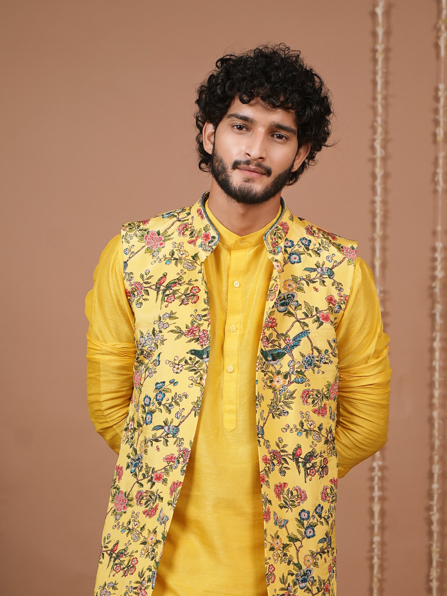 Yellow Printed Open Jacket+Kurta Pyjama Set (Set of 3)