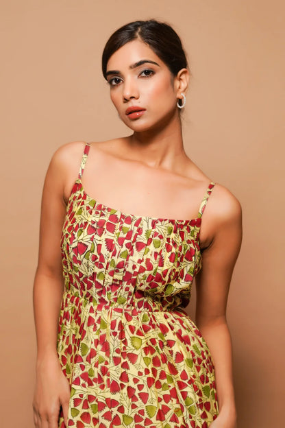 Yellow Block Printed Chanderi Maxi