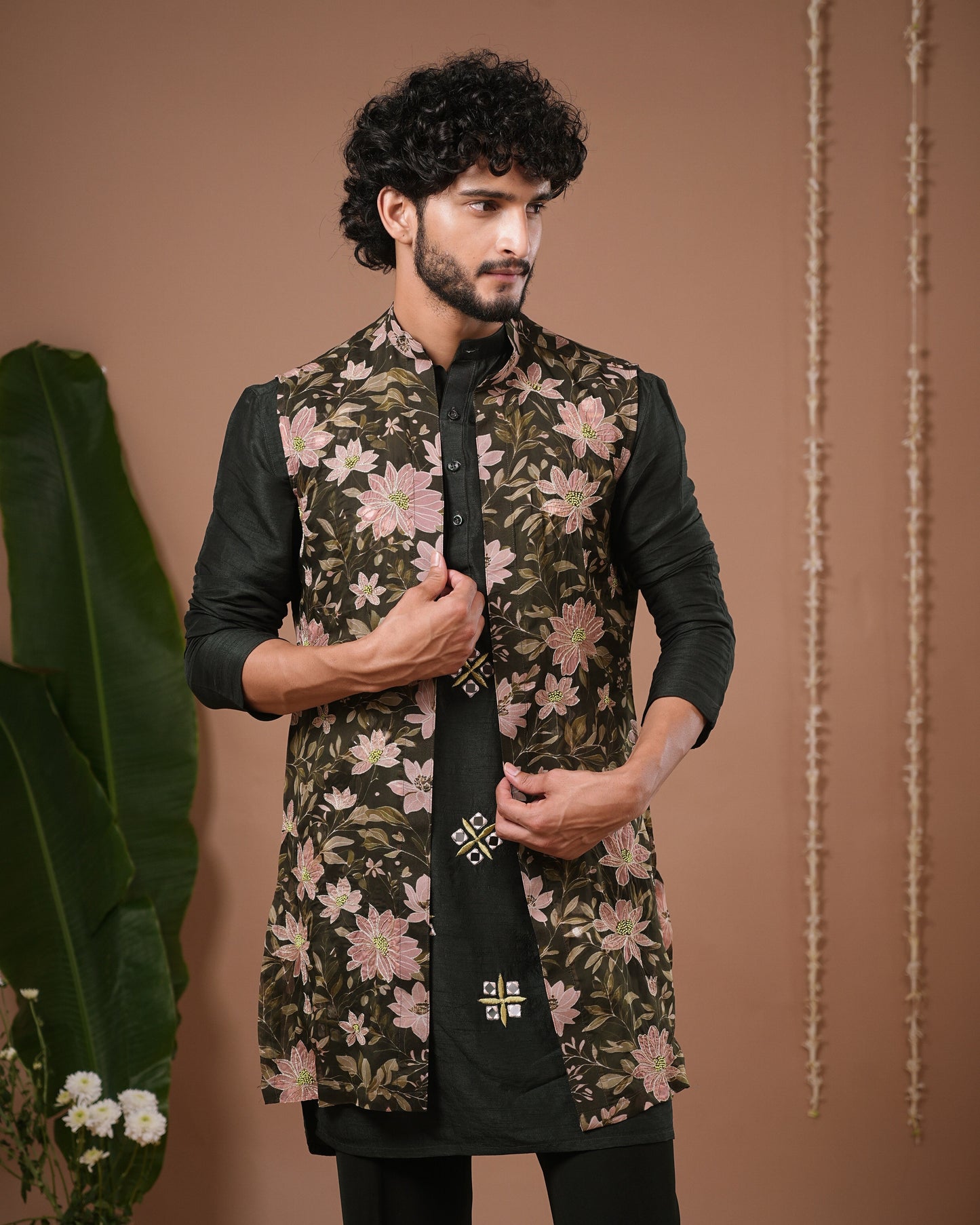 Olive Green Heavy Kurta + Sheer Jacket + Pant Set (Set of 3)