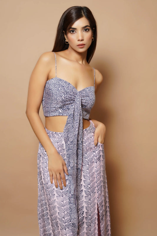 Pink and blue Block printed long skirt co-ord