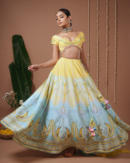 Yellow-Firozi Heavy Printed Lehenga Set (Set of 3)