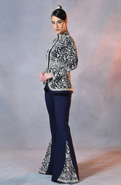 Blue Embroidered Peplum Jacket & Pant Set