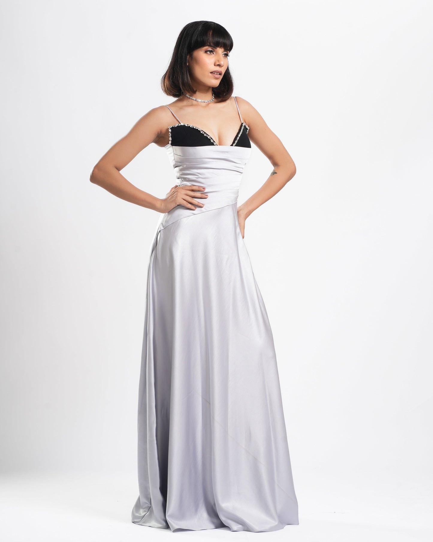 Vetra - Black and Silver Strappy Drape Long Dress