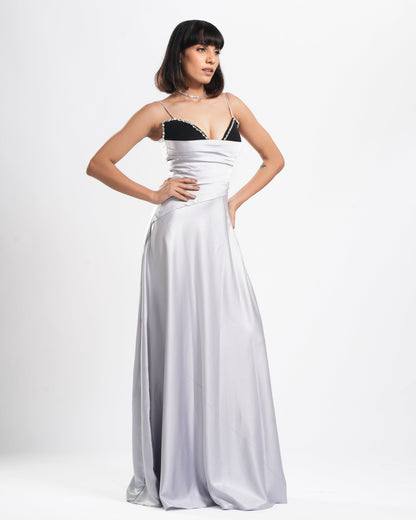 Vetra - Black and Silver Strappy Drape Long Dress