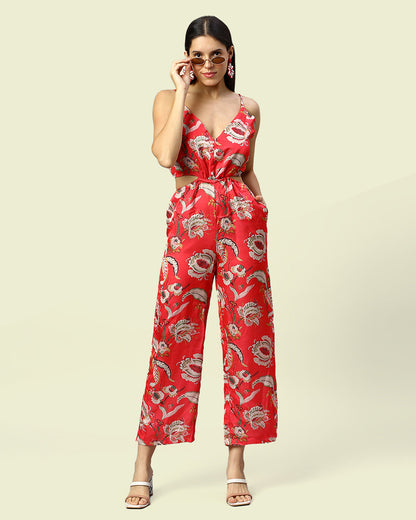 Linen Red Floral Cut-out Jumpsuit