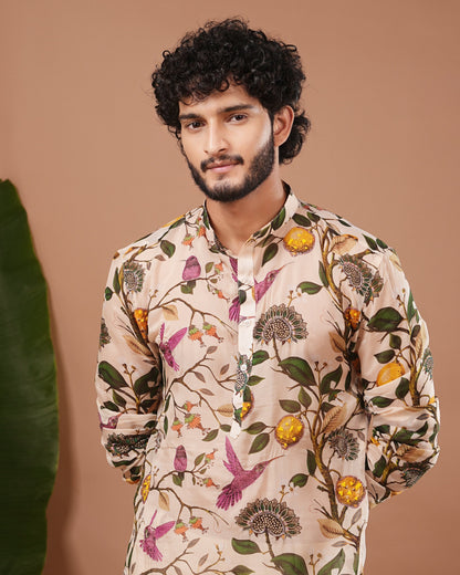 Cream Lemon Printed Organza Kurta + Pant Set (Set of 2)