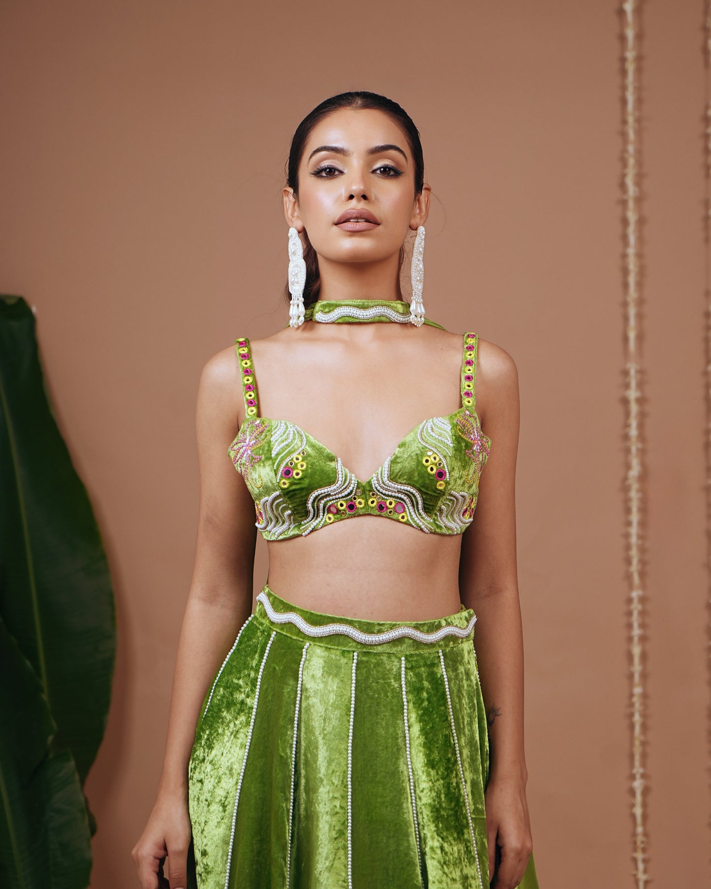 Bright Green Velvet Indo Lehenga Set (Set of 3)