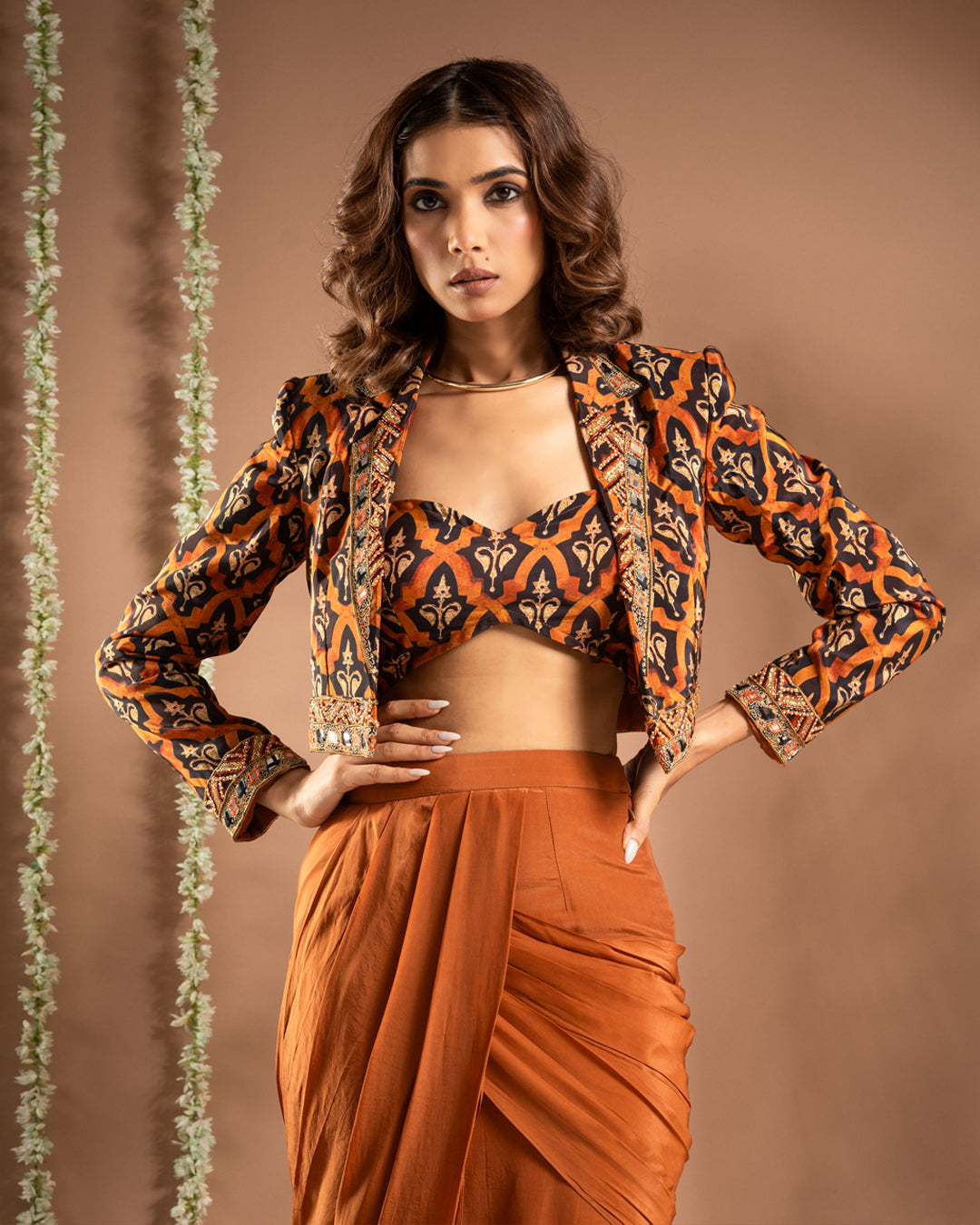 Black Rust Printed Drape And Coat Set (Set of 3)