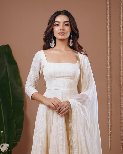  Ivory Chikankari Anarkali Suit Set (Set of 3)