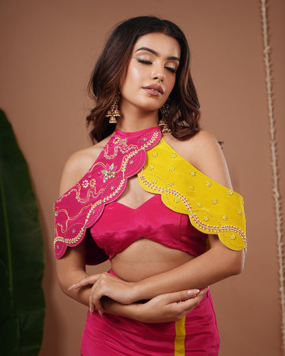 Rani-Yellow Halter Neck Skirt Set (Set of 3)