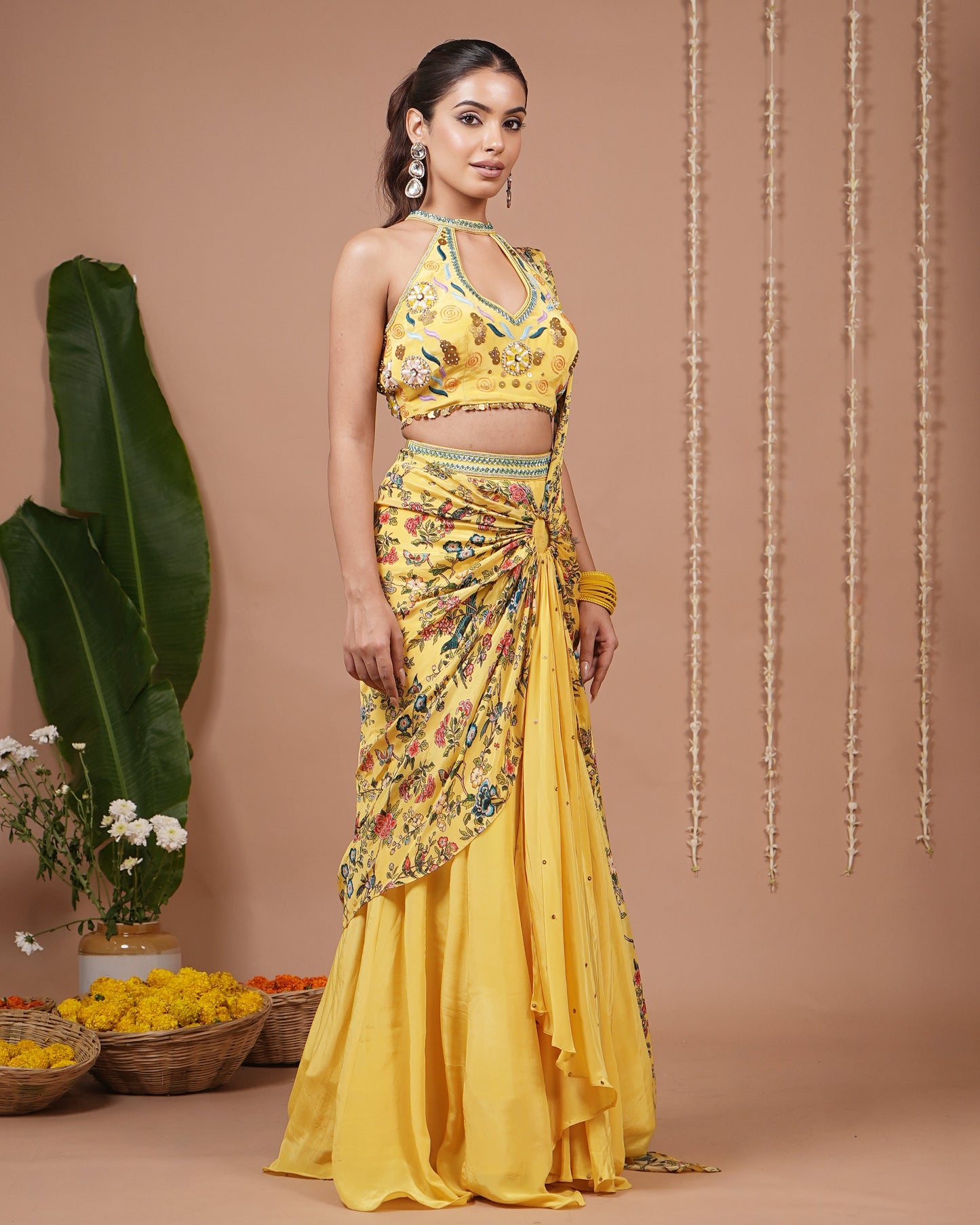 Bright Yellow Printed Halter Neck Indo Drape Set (Set of 2)