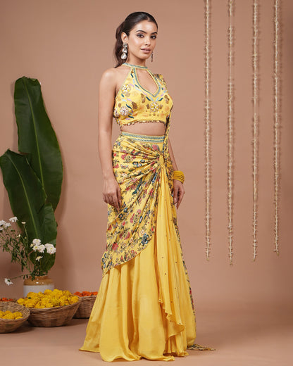 Bright Yellow Printed Halter Neck Indo Drape Set (Set of 2)