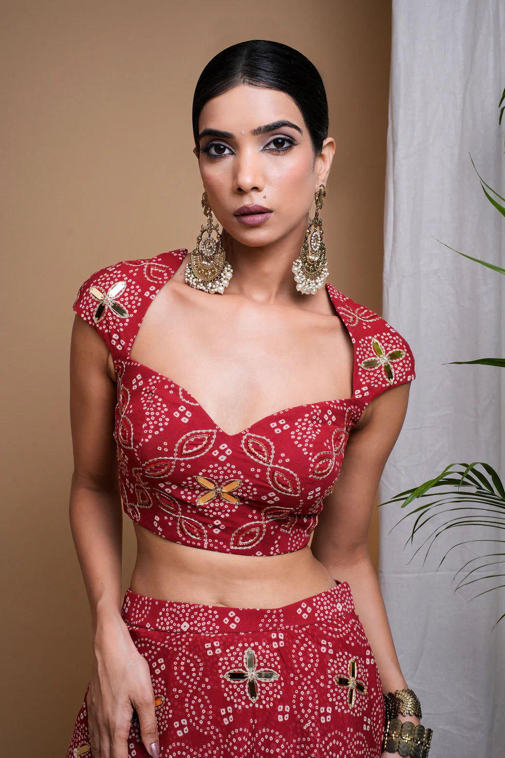 RED BANDHANI DIGITAL PRINT INDO LEHENGA SET (SET OF 2)