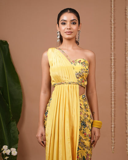 Yellow Printed Indo Saree (Set of 2)