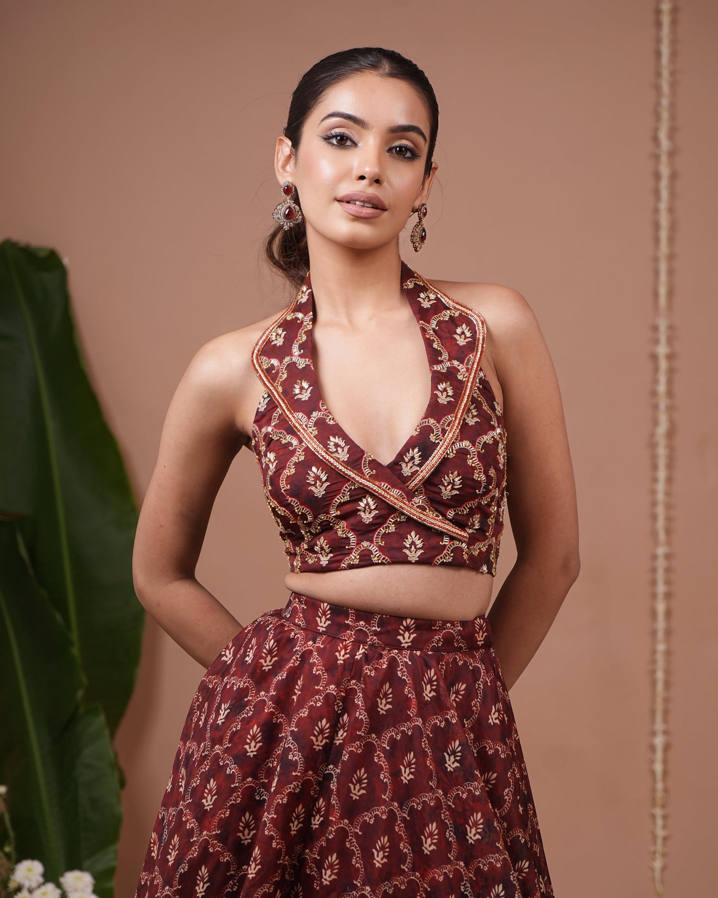 Maroon Halter Laple Neck Indo Lehenga Set (Set of 2)