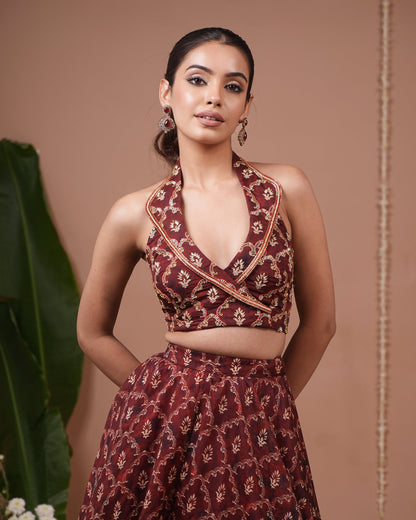Maroon Halter Laple Neck Indo Lehenga Set (Set of 2)