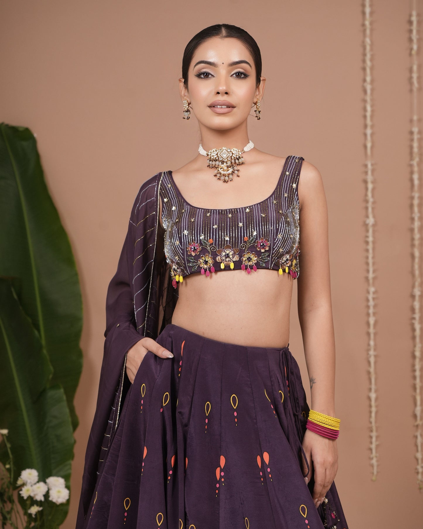 Dark Purple Printed Heavy Lehenga Set (Set of 3)