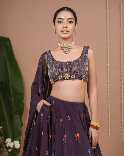 Dark Purple Printed Heavy Lehenga Set (Set of 3)