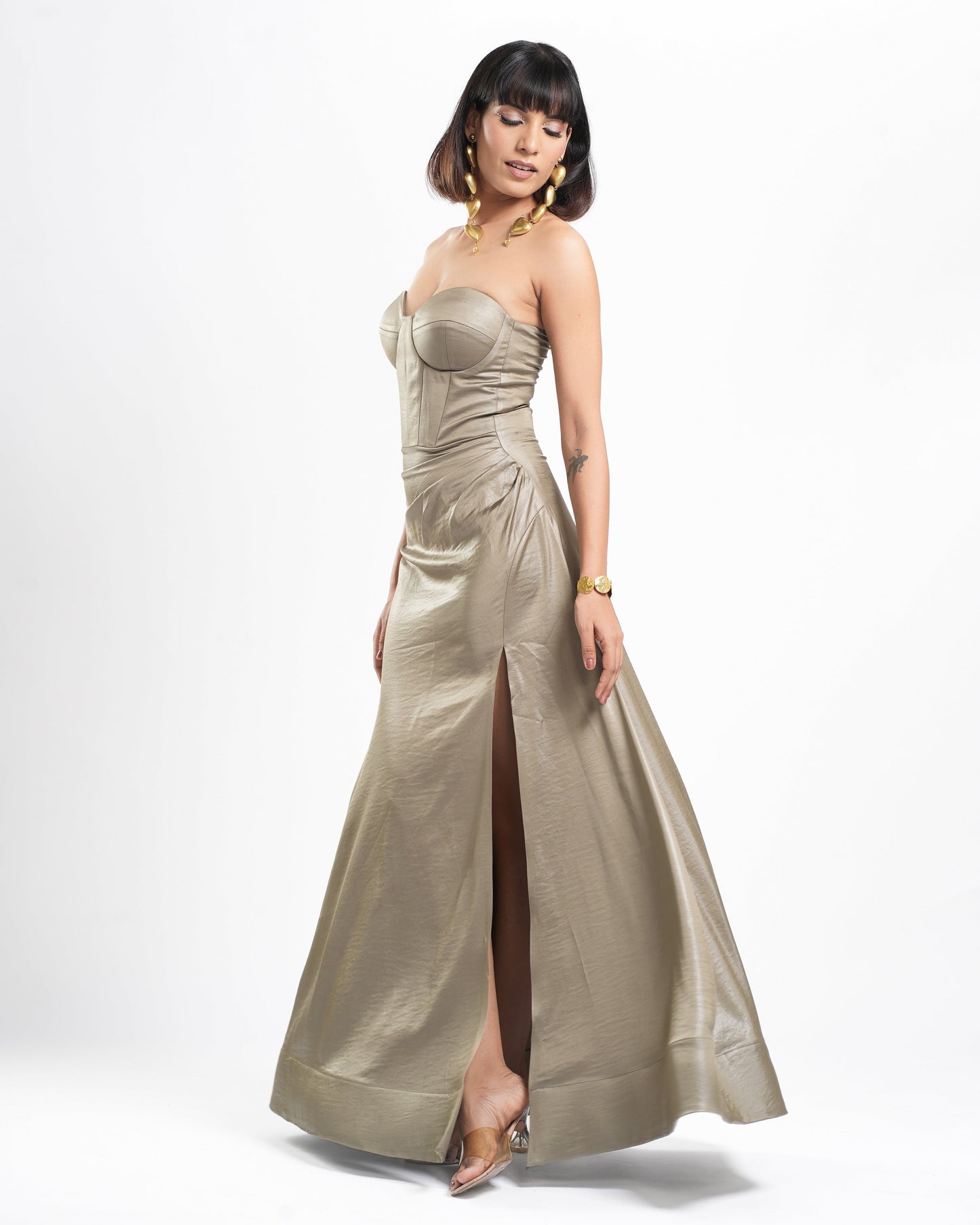Clara - Ash Green Corset Drape Strapless Dress