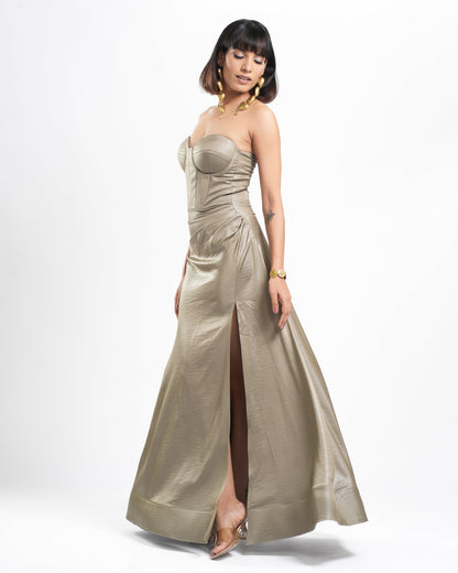 Clara - Ash Green Corset Drape Strapless Dress