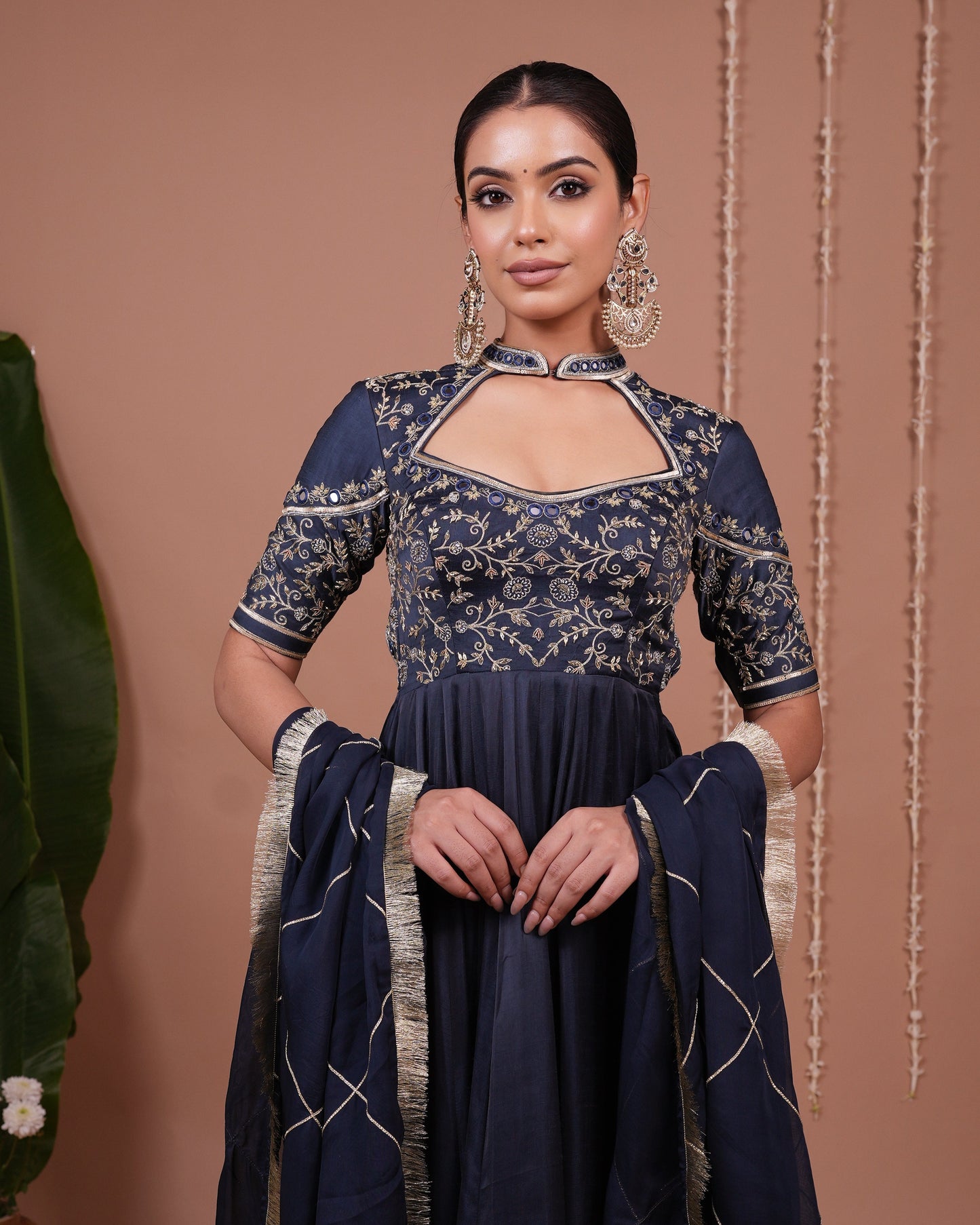 Navy Blue Silk Satin Heavy Anarkali Suit Set (Set of 3)