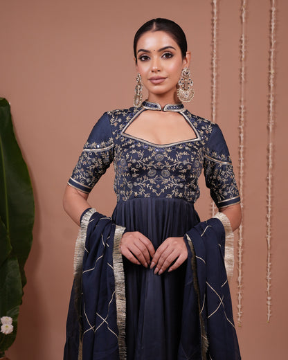 Navy Blue Silk Satin Heavy Anarkali Suit Set (Set of 3)