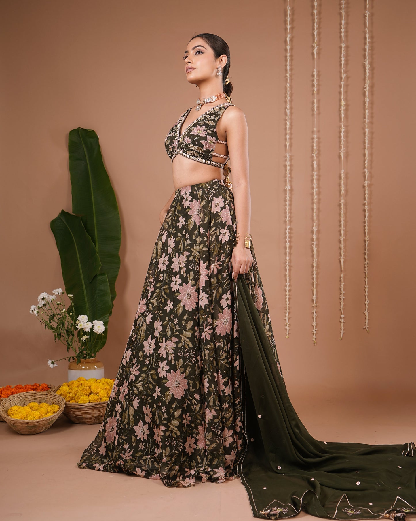 Olive Green Floral Printed Organza Lehenga Set (Set of 3)