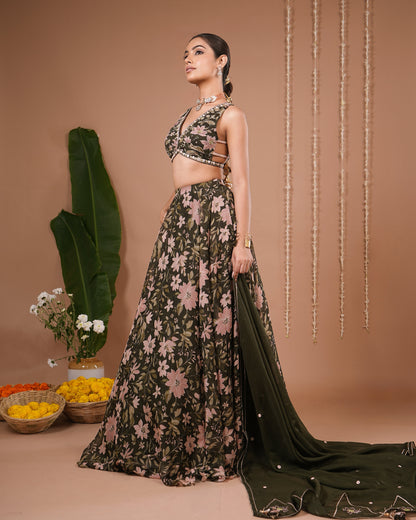 Olive Green Floral Printed Organza Lehenga Set (Set of 3)