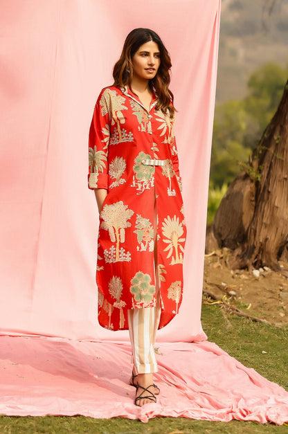 Sunset Palm Print Kurta-Pant Set