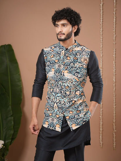 Navy Blue Digital Print Nehru Jacket + Kurta Pyjama Set (Set of 3)