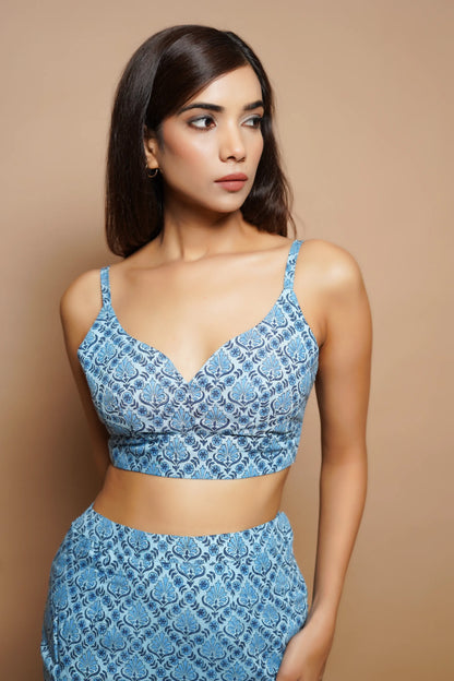 Blue block print fitted skirt co-ord