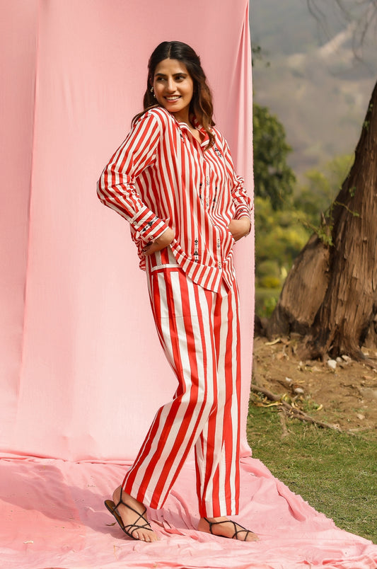 Red Mirror Embroidered Stripe Shirt