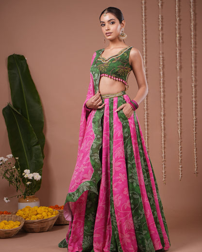 Green- Pink Bandhani Floral Printed Lehenga Set (Set of 3)