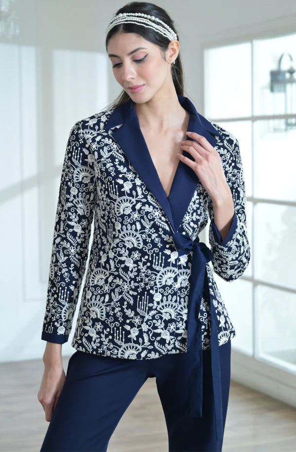 Blue & White Embroidered Tie Jacket Set