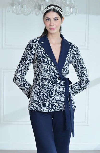 Blue & White Embroidered Tie Jacket Set