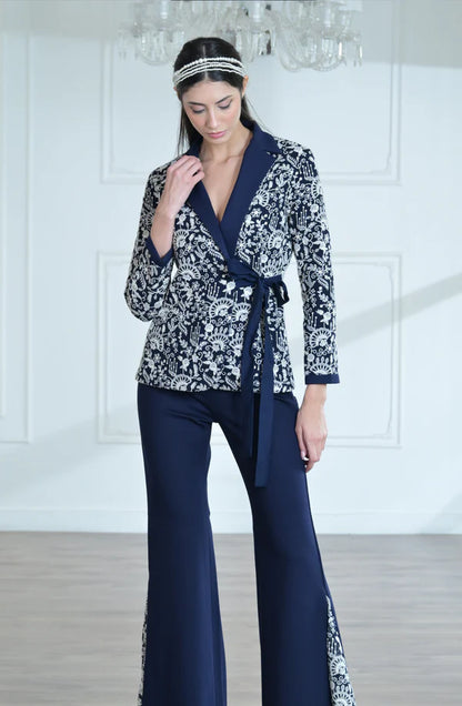 Blue & White Embroidered Tie Jacket Set