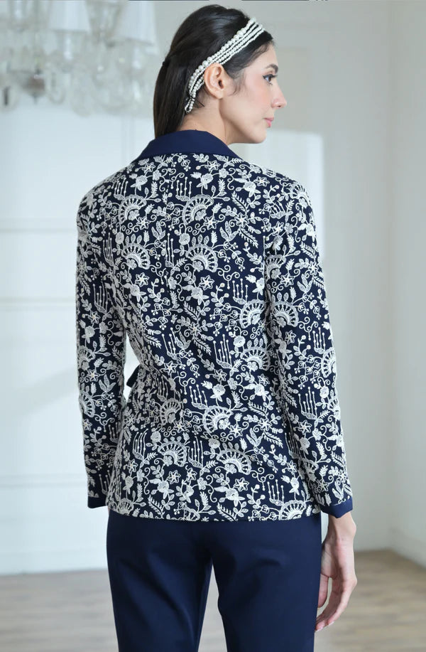 Blue & White Embroidered Tie Jacket Set