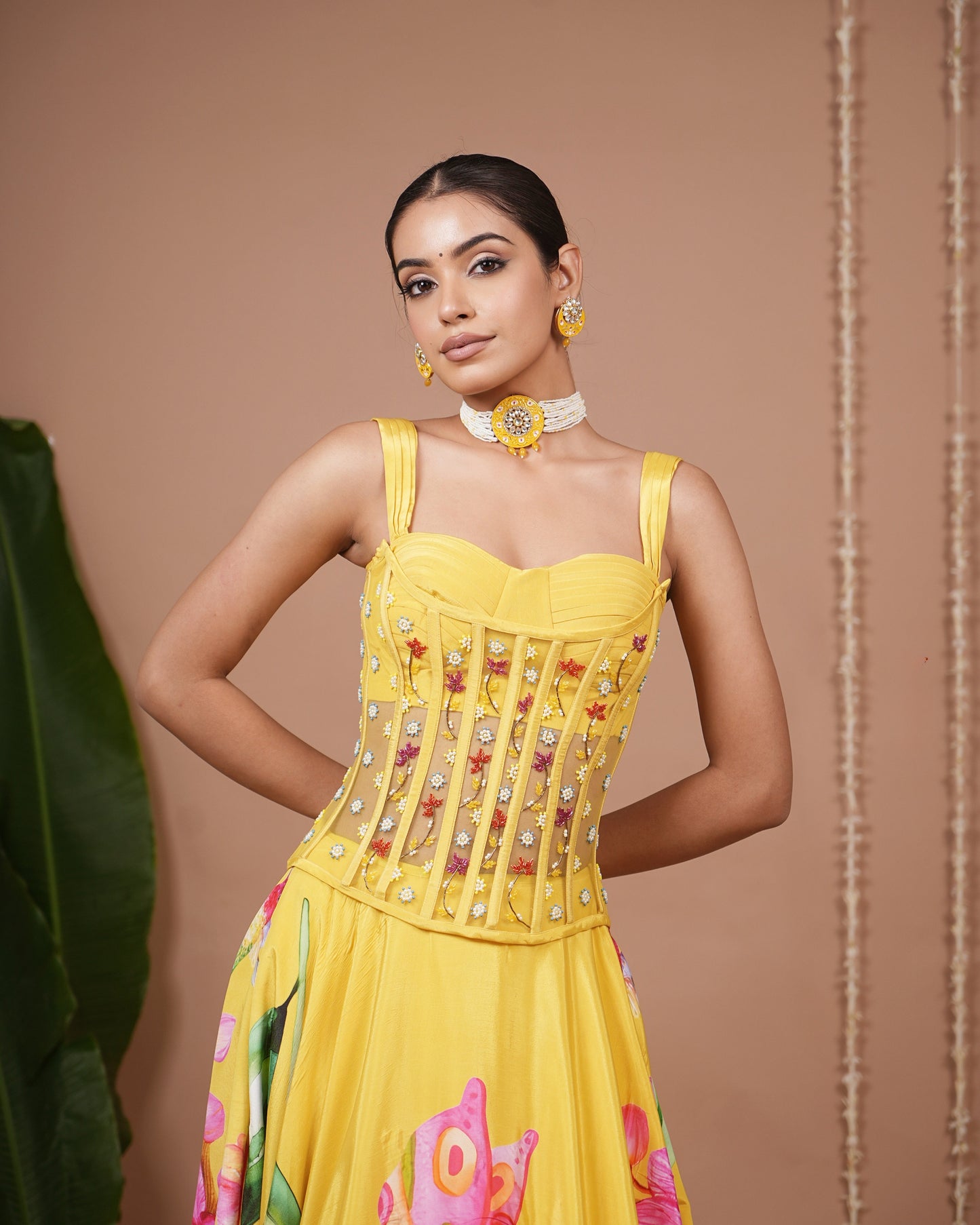 Mustard Floral Printed Corset Heavy Lehenga Set (Set of 3)