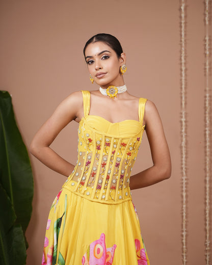 Mustard Floral Printed Corset Heavy Lehenga Set (Set of 3)