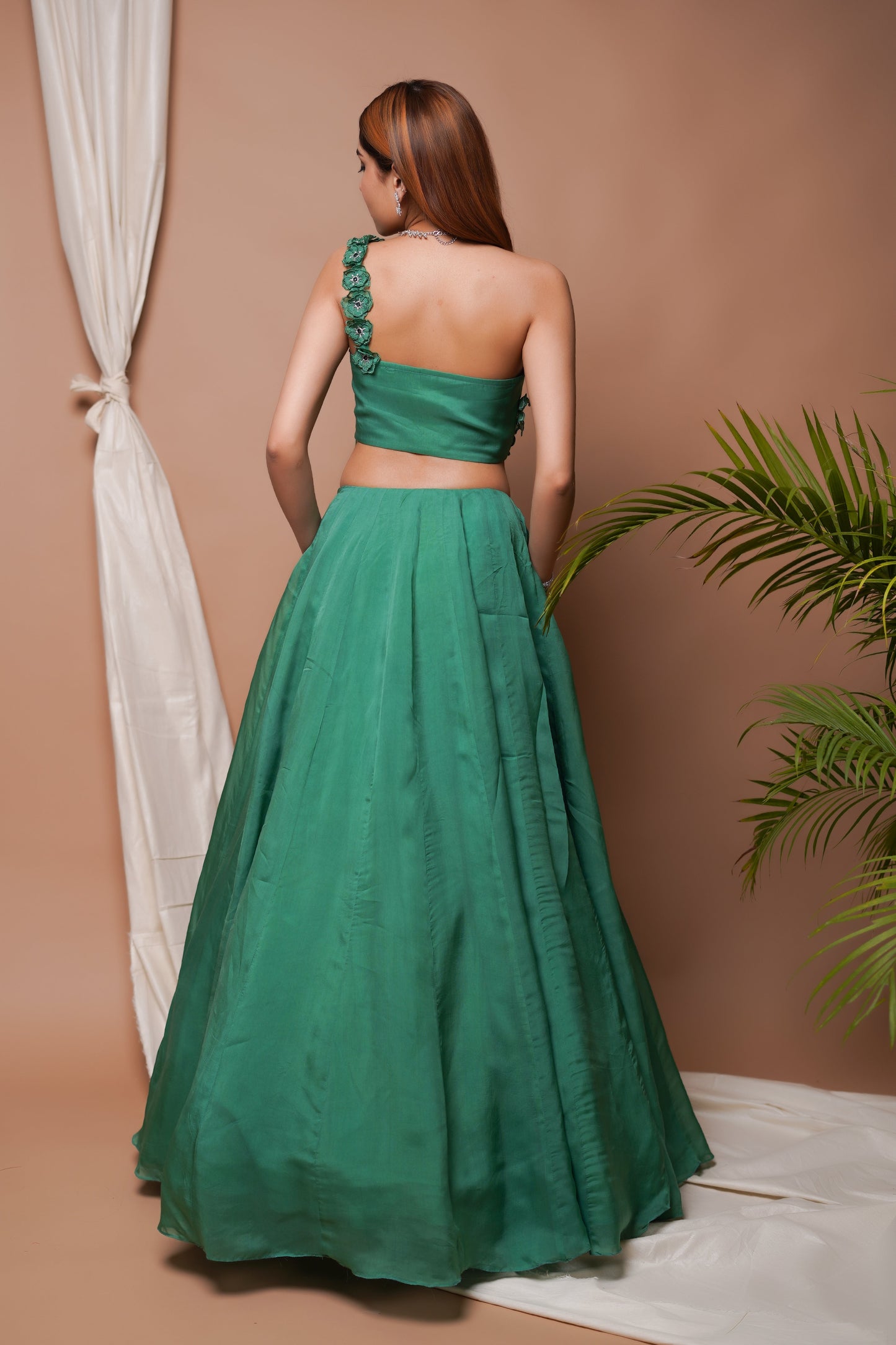 BRIGHT GREEN 3-D  ORGANZA INDO LEHENGA SET  (SET OF 2)