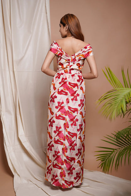 CREAM ABSTRACT OFF SHOULDER CORSET DRAPE DRESS