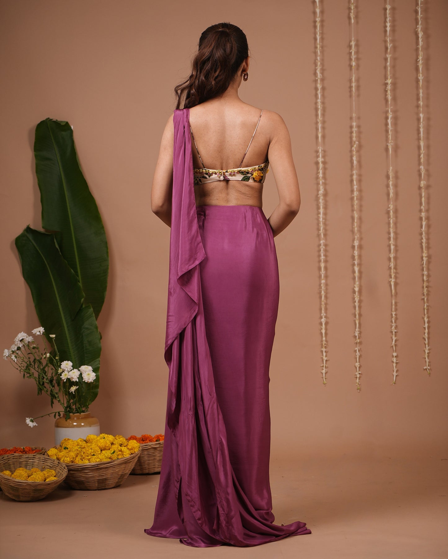 Cream Lemon Print Indo Pre Drape Saree Set (Set of 2)