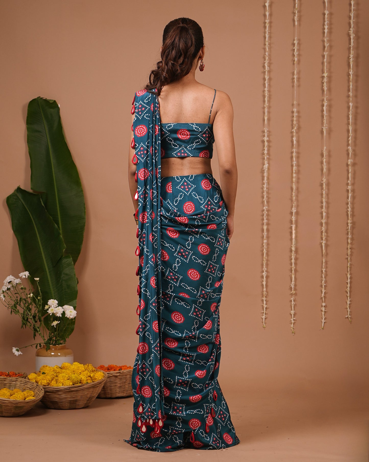 Teal Blue-Red Bandhej Printed Drape Saree (Set of 2)
