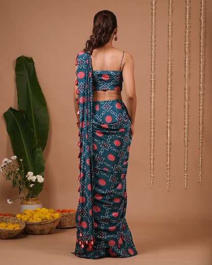 Teal Blue-Red Bandhej Printed Drape Saree (Set of 2)